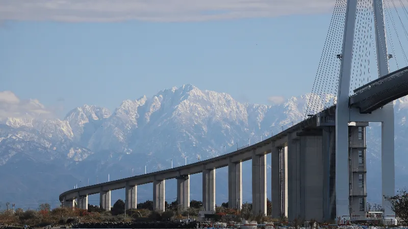 雪化粧の立山連峰と新湊大橋