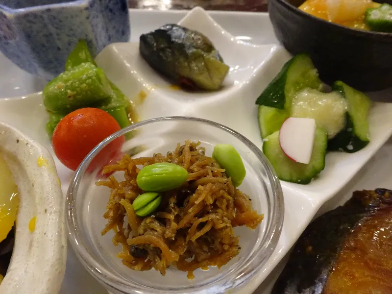 発酵食美人ランチ茄子オランダ揚げ 丸大豆こんぶしょうゆ煮スナックエンドウ ごまドレッシング添えじゃこ有馬 ひしば醤油煮